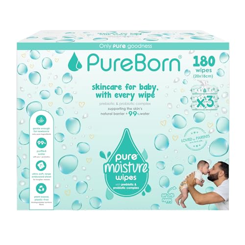 Pureborn Moisture Water Wipes 99% Purified Water with Prebiotics & Probiotics Ultra-Soft Biodegradable Bamboo Sheets for Newborns Gentle on Sensitive Skin Plastic-Free 180 Count