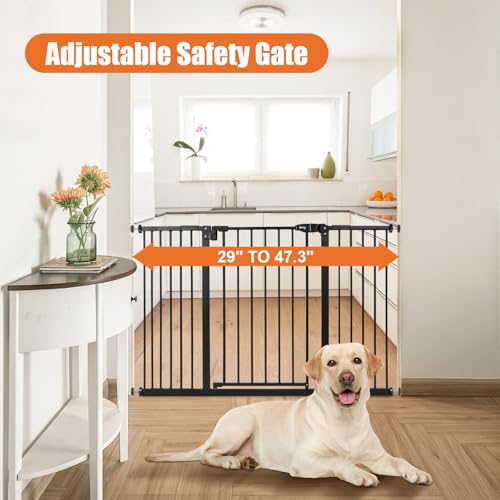 Image of keny 29 inch-47.3 inch Extra Wide Baby Gate for Stairs, Auto Close Safety Dog Gate | Pressure Mounted No Drilling Pet Gate for Doorways, Easy Walk Through Stair Gate for Kids Todder, 30 inch Tall, Black