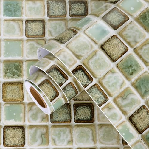 Wallercity - Papel pintado autoadhesivo de mosaico para salpicaduras, 15.7 x 118 pulgadas, papel tapiz de mosaico de papel de contacto verde para armarios y cajones, vinilo...