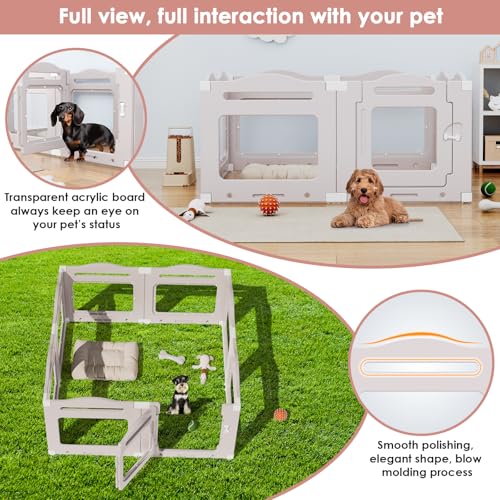 Clevich Welpenauslauf aus Acryl 60 cm hoch, 7 PCS +1 Laufstall Hund mit Tür, gitterloser Welpenlaufstall, Hundelaufstall für Wohnung, Saugnapf, Transparent, Indoor-Hundezwinger für Welpen, Warmgrau