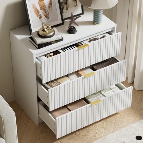 Image of Furniway Fluted Nightstands Set of 2, 31.5 inch Large Bedside Tables with 3 Drawers, Modern Wood Night Stands with Storage for Bedroom, White