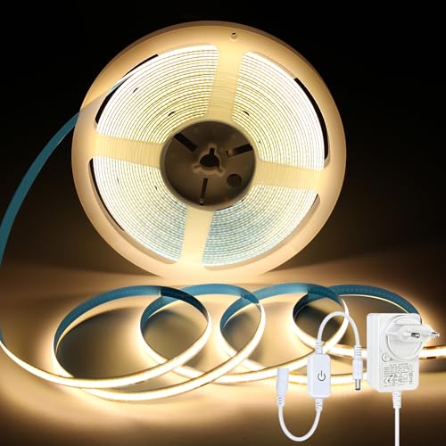 ShineBurky Striscia LED COB 10 Metri Bianco Caldo, 24V Luci LED 10M Striscia Luminoso Strisce LED Flessibile per Interno Esterno Cucina Natale Camera da Letto Decorazione (con Adattatore)