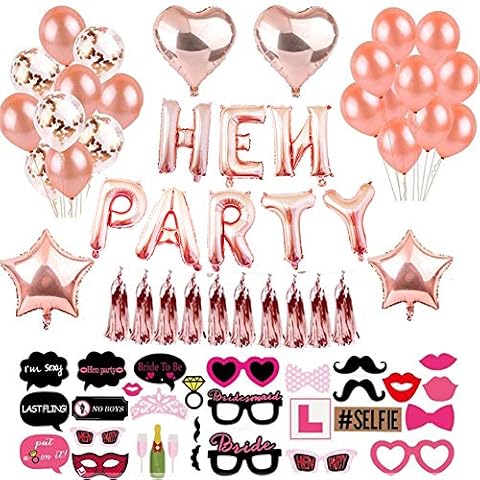 YNOUU 68 PCS Hen Party Decorations Accessories Hen Do Balloons Self Inflating Foil Hen Party Banner Rose Gold Latex Confetti Balloons Photo Booth Props for Hen Do Nights Party Supplies Cover