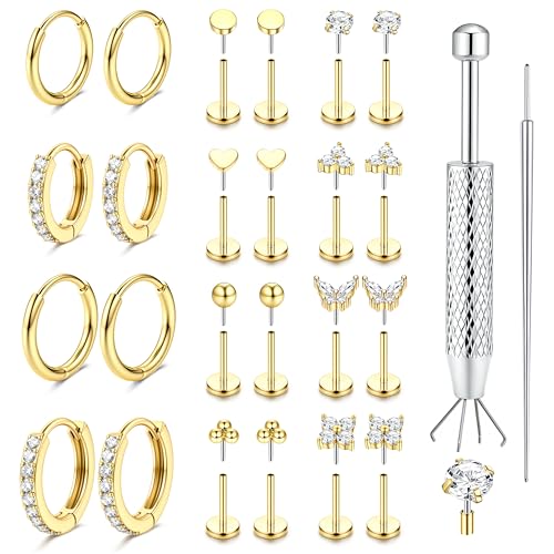20G Flat Back Earrings for Women Threadless 316L Surgical Steel Stud Hoop Earrings Push in Nose Studs Hypoallergenic Cartilage Earring Stacks Labret Helix Tragus Conch Piercing Jewelry G