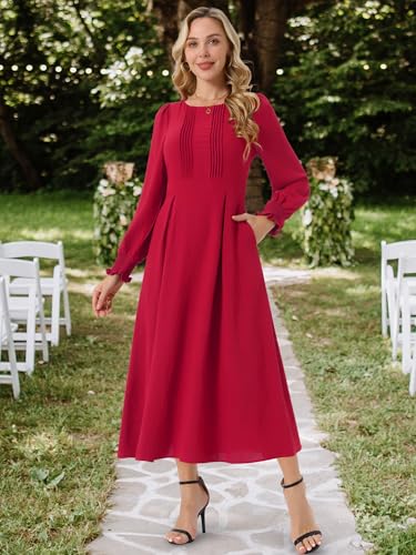 Image of Seta T Women's Fall Dress Frilled Long Sleeve A-Line Casual Midi Dresses