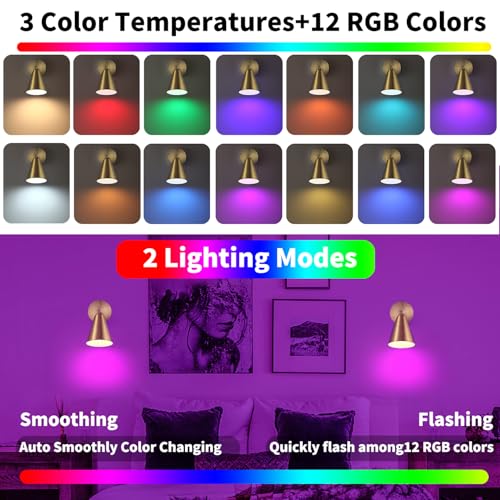 Image of Battery Operated Wall Sconces Set of 2, Gold Rechargeable Wireless with Remote Control, Cordless Battery Led Wall Lights, Dimmable RGB Indoor Wireless Lamp for Bedroom Living Room, 330&180Rotate