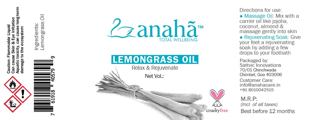 Anaha Lemongrass Essential Oil (30 ml) | Indian-Origin, 100% Pure, Steam Distilled | Therapeutic Grade Perfect for Skin, Hair and Diffusers | Natural Insect Repellent | Glass Bottle with Dropper 4
