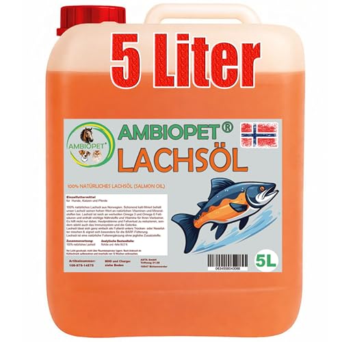 Ambiopet 5 Liter natürliches Premium Lachsöl aus Norwegen für Hund, Pferd und Katze zum BARFen mit reichhaltigen Omega 3 & 6 Fettsäuren im praktischen Dosierbehälter