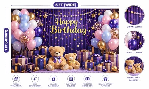 Image of ARV Happy Birthday Fabric Backdrop Banner, Purple and Gold, Teddy Bear and Balloons Design, 3 * 5 ft, Reusable Party Wall Decoration (BDPOSTER1)
