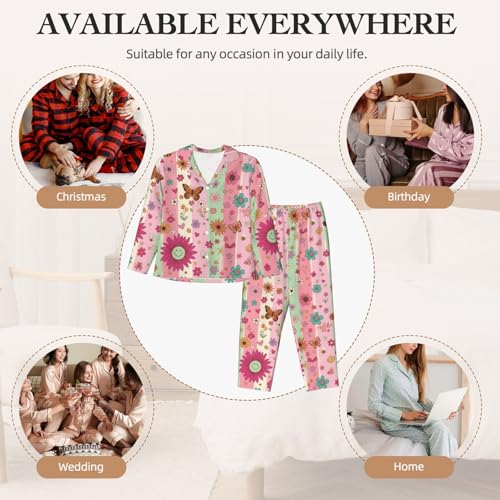 Image of Women'S Long Sleeve Pajama Set Soft Loungewear Button-Down Top & Elastic Waist Pants S- 2XL