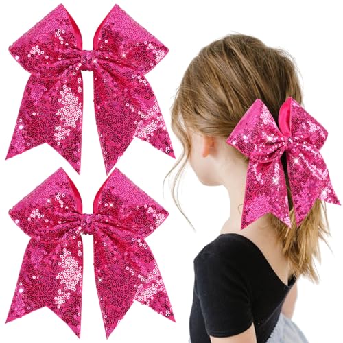 OAOLEER 2PCS Glitter Cheer Hair Bow Clips for Girls 7 inch Hot Pink Sequin Large Hair Bows Hair Accessories for Girls Teen Softball Cheerleader (Hot Pink)