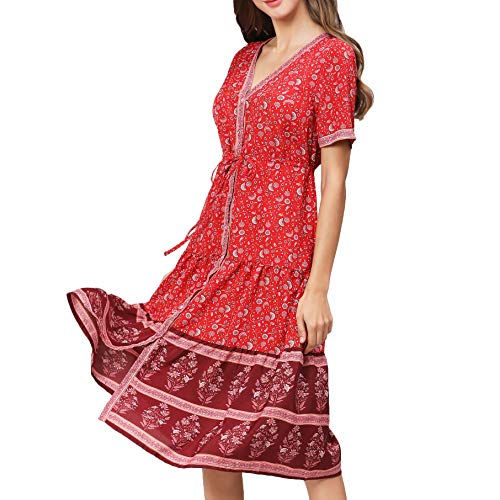 Kuty Vestido Boho, Vestidos Mujer, Floral Vestido, Vestido de Playa, Suelto Retro V-culleo Vestido, Vestidos Largos, Floral Manga Larga Mujer, Cuello en V, Cintura Elástica, Vestido Hippie(L)