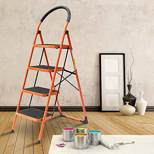 LUISLADDERS 4 Step Ladder Folding Step Stool with Handgrip Anti-Slip and Wide Pedal Sturdy Steel Ladder 330lbs Capacity for Household