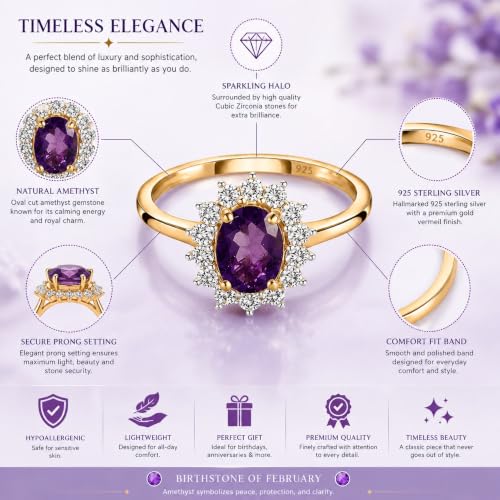 Image of Princess Diana Inspired Halo Birthstone Ring for Women Girls | Pure 925 Sterling Silver with AAA+ Natural Gemstone | 18K Gold-Plated | Best Gift for Birthday, Anniversary, or Valentine�s Day