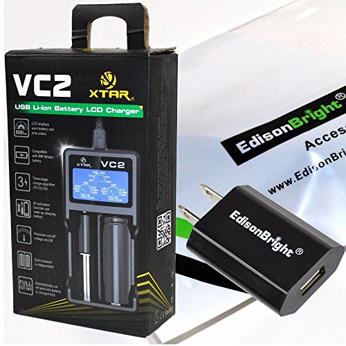 Xtar Vc2 Universal Usb Powered Smart Battery Charger For Li-Ion / Imr 10440/14500/14650/16340/17500/17670/18350/18500/18650/ 18700/ 22650/25500/26650 3.6/3.7V Types With Edisonbright Brand Usb Power Adapter Bundle #TOP4