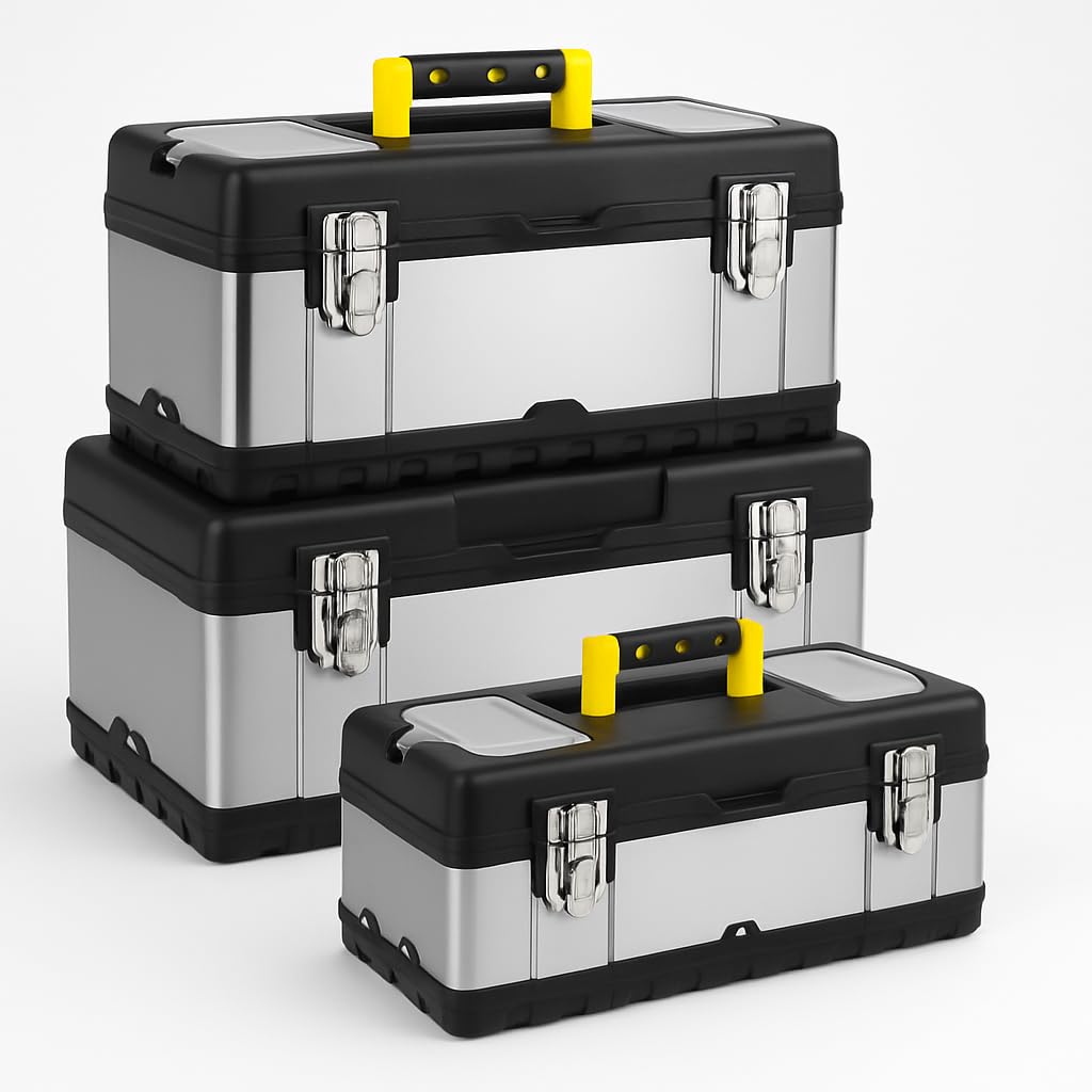 CROWNSHOP Tool Box ToolBox StorageHeavy Duty Stainless Steel Portable Toolbox with Metal Dual Latch Removable Tray Storage Case with Tray and Latch for Small Parts for Tools (14 +17 +19 Inch)