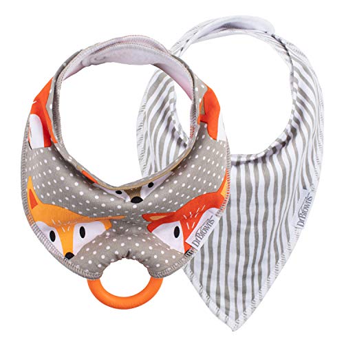 Image of Dr. Brown’s Bandana Bib with Snap-On Removable Teether, Cotton Baby Bib with Soft Fleece Lining for Teething & Drooling, 3m+, 2-Pack, Fox & Stripes