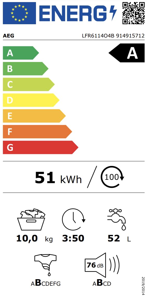 AEG LFR6114O4B Lavadora de Libre Instalación, Carga Frontal, 10 Kg, 1400 rpm, Motor Inverter, Programa antibacteriano, Programas a Vapor, Programa Rápido, LCD, Serie 6000, Blanca, Clase A