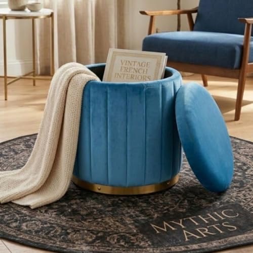 Image of Superior Round Storage Ottoman Stool 13 X 13X 16 inch, with Gold Metal Base | Elegant Pouffe with Secret Storage | Cushioned Footrest for Living Room, Bedroom, and Lounge Sky Blue