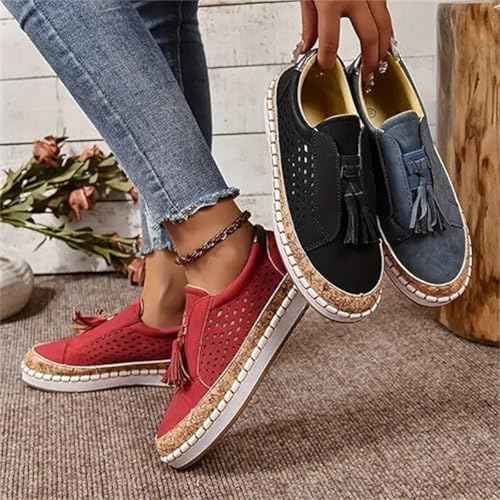 Women's Autumn Low Heel Round Toe Breathable Sneakers,Retro Trendy Slip-on Hollow Out Flat Shoes,Casual Comfort Work Shoes (Black, Adulte, Femme, 40, Numérique, Système Taille Chaussures EU, Moyen)