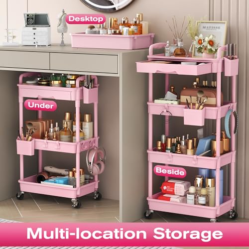 Image of Goovilla Rolling Makeup Organizer Cart with Removable Drawer, 4 Tier Stable Pink Floor Skincare Storage Cart for Vanity, Cosmetic Display, Nail Polish, Perfume, Hair Stuff, Beauty, Bathroom(Plastic)