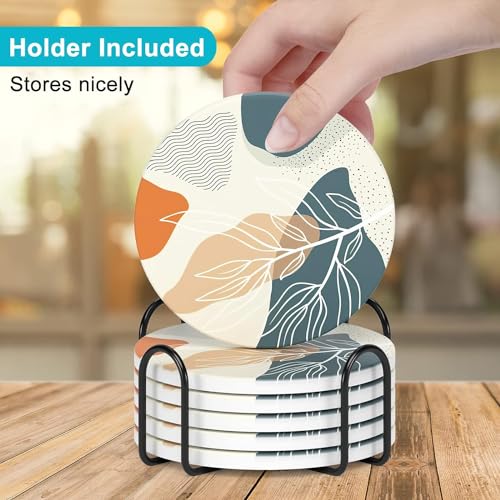 Image of Floral Boho Art Absorbent Coasters Set of 6, Wood Abstract Coaster with Holder, Home Coffee Table Decor for Women, Cute Cork Coasters for Drinks