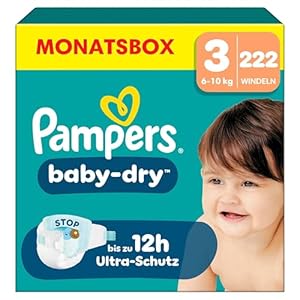 Pampers Baby-Dry Größe 3, 222 Windeln, 6kg-10kg, Bis zu 100% Auslaufschutz & Komfort die ganze Nacht