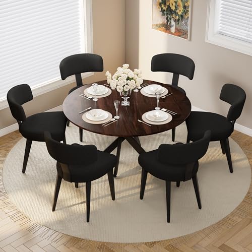 Image of Wood Dining Table Set for 6, 47 inch Round Kitchen Table with 6 Boucle Dining Chairs, MDF Tabletop with Metal Legs, Ergonomic Dining Chair with Metal Legs(Woodgrain Table)