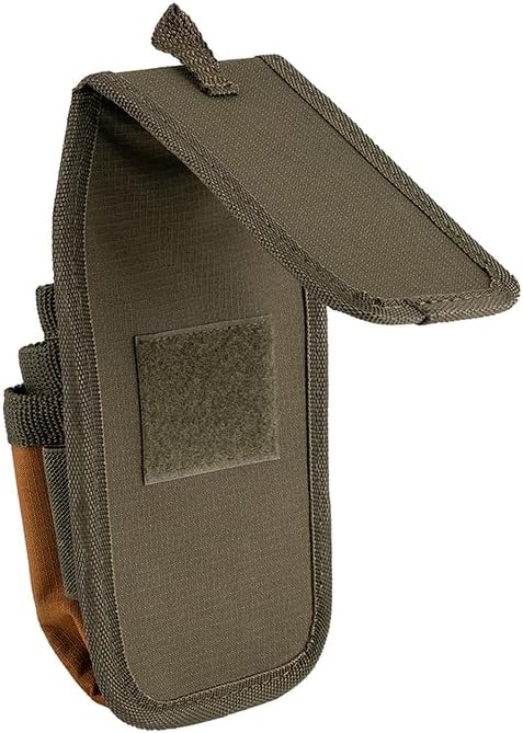 Bucket Boss Four-Barrel Tool Sheath with FlapFit to Fit Instantly Over a Belt or Into a Pants Pocket, with 5 Tool Pockets and 2 Loops, and Metal Tape Clip, in Brown, 54184