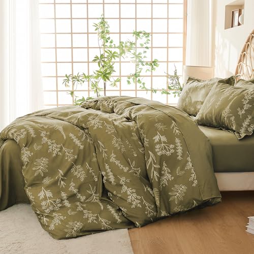 MUXHOMO Duvet Cover Full Size, Reversible Floral Olive Green Duvet Cover Set with Zipper Closure, 3 Pieces Botanical Patterns Soft Microfiber Bedding Set with 4 Ties (80"x90", 2 Pillow Cases)