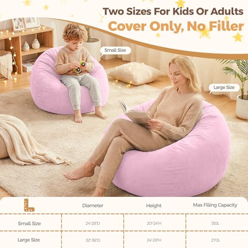 Image of Stuffed Animal Storage Bean Bag Chair Cover for Kids (No Filler), Soft Comfy Velvet Beanbag Chair Cover Machine Washable, Kids Bean Bag Chair with Handle for Living Room Bedroom Dorm, Pink