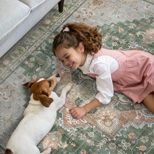GENIMO 2x5 Runner Rugs for Hallway, Machine Washable Non Slip Vintage Rugs, Low Pile Lightweight Soft Print Rug for enrtyway, Corridor, Home Office, Kitchen, Sage Green