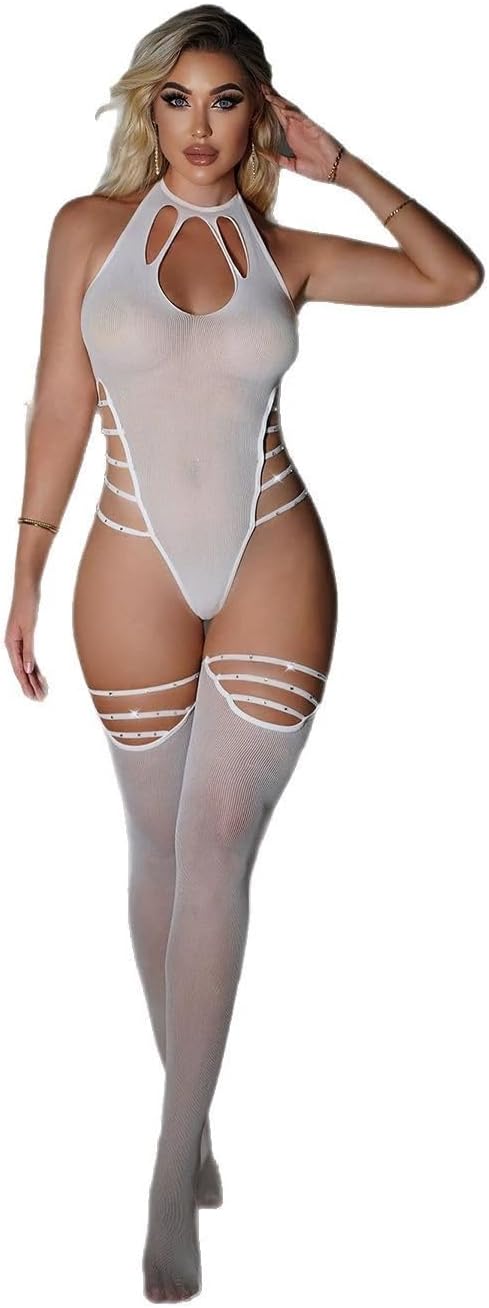 Women's Rhinestone Strappy Cutout Bodysuit Bling Bodycon Party Rave Outfit