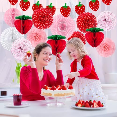 Image of 16 Pcs Strawberry Birthday Decorations - Tissue Pom Poms, Honeycomb Ball, Garland & Fans for Berry Sweet Baby Shower, Strawberry Shortcake Birthday Decorations and Girls Party Supplies