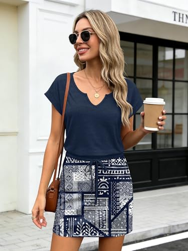 Image of SAUKOLE Women Summer T Shirt Dress Casual Short Sleeve V Neck Dress with Pockets Drawstring Waist Short Dresses