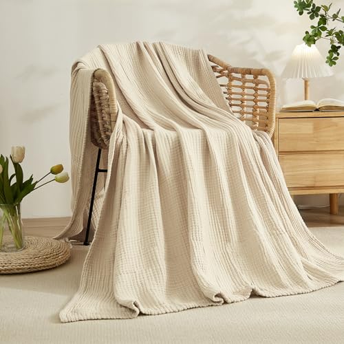 EMME Cotton Blanket Queen Size for Bed Soft Muslin Bed Blankets 90"x90" Lightweight Breathable Bedspread Coverlet All Season Gauze, Light Tan