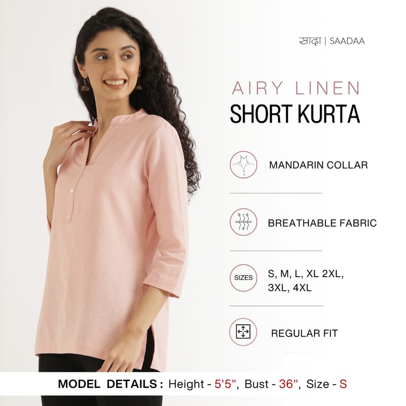 Image of SAADAA Women Short Kurti Airy Linen Regular Fit Kurta with 3 /4th Sleeves, Mandarin Collar, Side Slit Perfect for Casual, Formal, and Ethnic Wear
