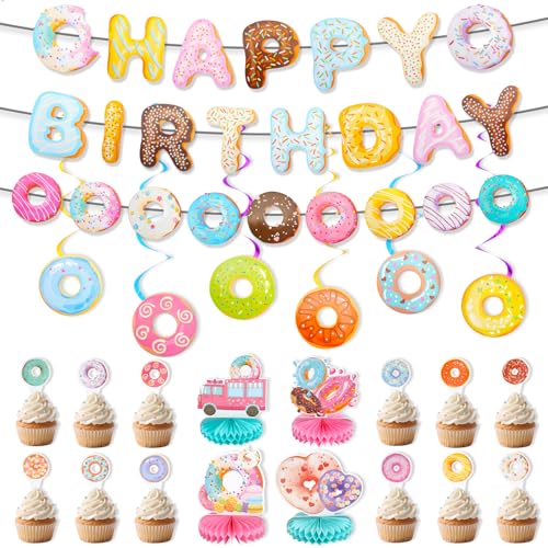 Zoyiancy 24 Pcs Donut One Sweet Birthday Party Decorations Table Honeycomb Centerpieces, Colorful Happy Birthday Banner, Party Supplies for Girls Baby Shower