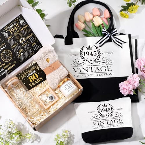 Image of iAOVUEBY 80th Birthday Gifts for Women, Cool Gifts for 80 Year Old Women, Eighty Birthday Tote Bag Glass Cup Candle Gift Basket Ideas Daughter Mom Sister Friend Wife Coworkers