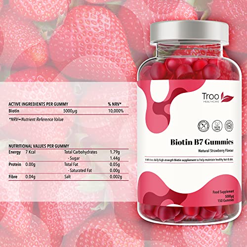 Biotin 5000mcg Hair, Skin and Nail Growth Support Gummy Supplement - 150 Natural Strawberry Flavour Chewable Gummies - 5 Months Supply – Vegan Friendly – For Men and Women - Image 7