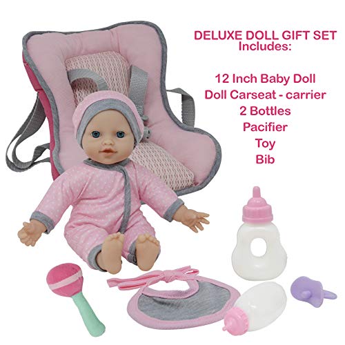 Doll Travel Playset - Baby Doll Car Seat Carrier Backpack With 12 Inch Soft Body Doll Includes Doll Bottles And Toy Accessories … (Caucasian) #TOP2