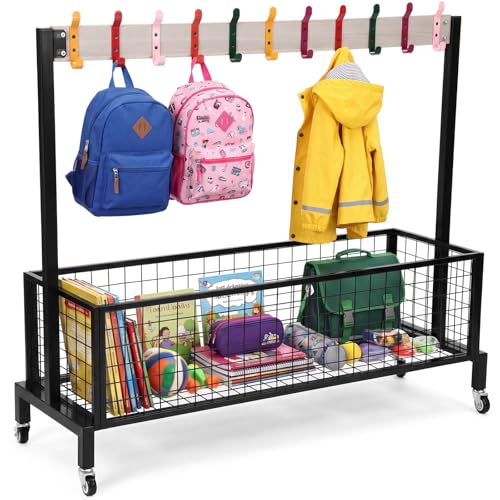Shimeyao Classroom Metal Backpack Cart with Caster Wheels 11 Coat Hooks and Swivel Mobile Backpack Rolling Cart Storage Rack Daycare Organizer School Bag Trolley with Basket for Kindergarten School