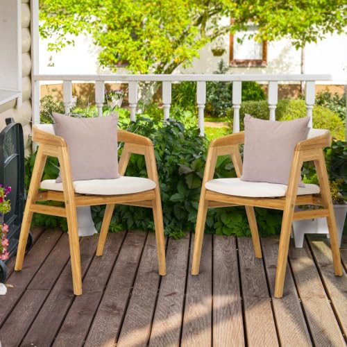 Image of COSTWAY Bamboo Accent Chairs Set of 2 with Wide Curved Backrest and Arms | Natural, Farmhouse Leisure Dining Chairs w /Comfy Cushion, Solid Legs, Upholstered Armchair for Living Room, Bedroom, Kitchen