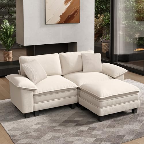 Image of HERA'S HOUSE 3-Seat L Shaped Modular Cloud Couch Sectional Sofa Ottoman | Modern 87.5 inch Couch, Beige, Wider Armrest, Comfy Deep Seat, Soft Chenille Sofa for Living Room