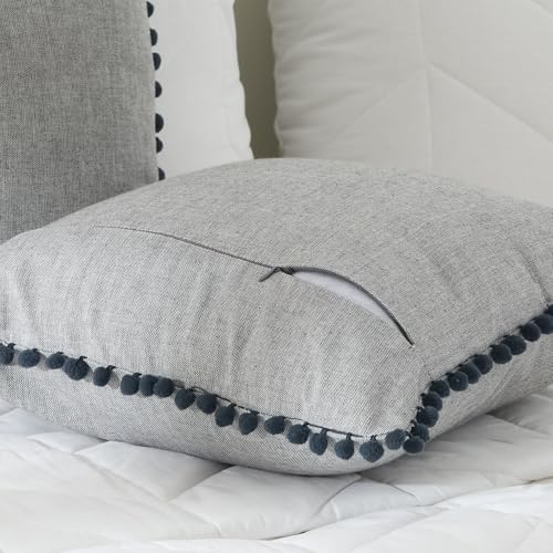 Image of 100% Cotton Pom Pom Cushion Without Filler, Elegant & Modern Cushion Cover for Living Room, Square Shape, 20 inchx20 inch, uni Chambray, Set of 4 - Charcoal Grey