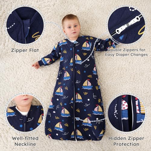 Image of Yoofoss Baby Sleep Sack 6-12 Months 1.0 Tog Long Sleeve Organic Cotton | Wearable Blanket for Infants 2-Way Zipper Quilted Sleeping Sacks(Medium)