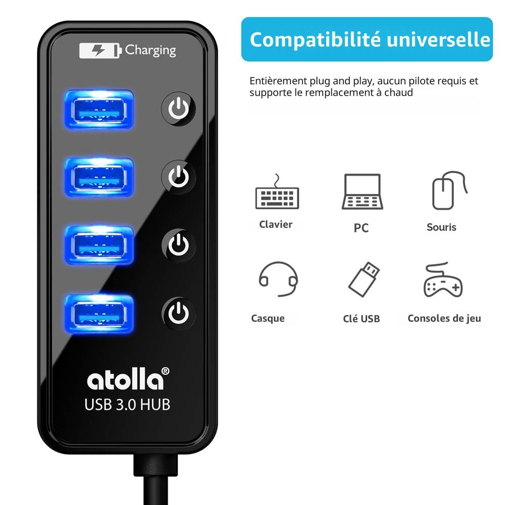Atolla Hub USB 3.0 4 Ports avec commutateurs Marche/arrêt et Adaptateur d'alimentation