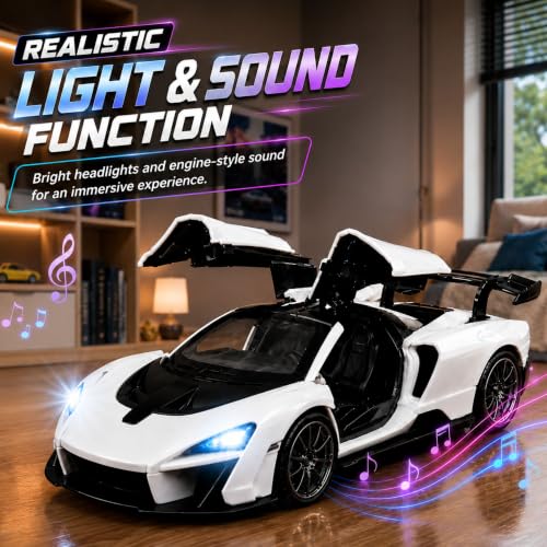 Image of GRAPHENE 1:32 Scale Metal Diecast Pull Back Sports Toy Car High Speed Premium Realistic Model Car Friction Powered Miniature Racing Openable Doors Light Sound Best Gift Boys Girls for 2+(White)