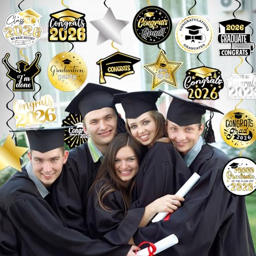 Image of 40Pcs Graduation Party Hanging Swirl Decorations, Black Glod Class of 2026 Congrats Grad Hanging Swirls Ceiling Decorations for 2026 Graduation Party Decor Supplies