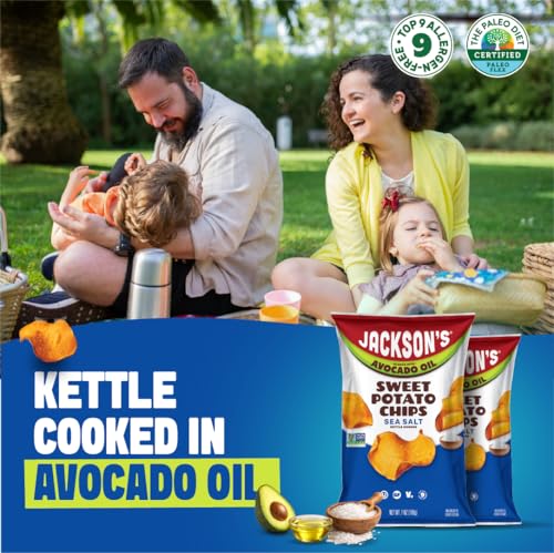 Image of Jackson's Sweet Potato Kettle Chips with Sea Salt made with Premium Avocado Oil (5 oz, Pack of 7) - Allergen-friendly, Gluten Free, Peanut Free, Vegan, Paleo Friendly - Shark Tank Product